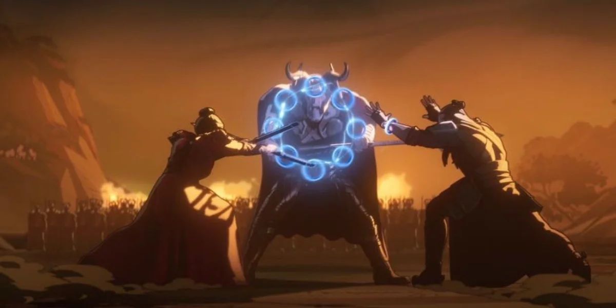 Hela and Wenwu in Combat with Odin